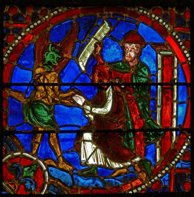Detalhe de uma janela representando cenas do milagre de Teófilo de French School