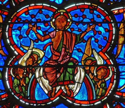 Detalhe de uma janela representando o último julgamento: Cristo de French School