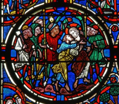 Detalhe de uma janela representando a paixão: Judas traição de French School