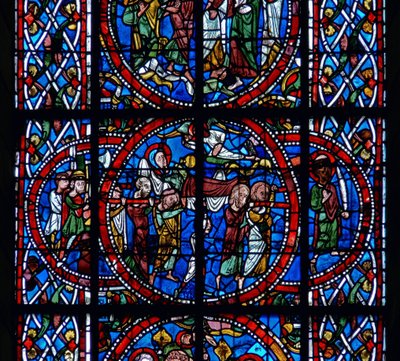 Detalhe de uma janela representando o funeral, da morte e Assunção da Virgem Maria de French School