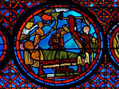 Detalhe de uma janela representando a parábola de Lázaro e Mergulhos de French School