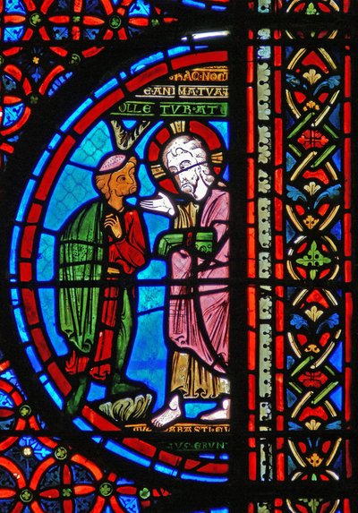 Detalhe de uma janela representando a parábola de Lázaro e Dives: o homem rico com Cristo de French School