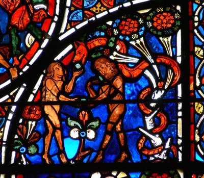 Detalhe de uma janela representando a parábola do Bom Samaritano: Adão e Eva sendo tentados pela Serpente de French School