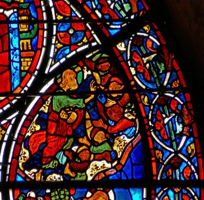 Detalhe de uma janela que descreve a parábola do Bom Samaritano: Deus cria os anjos de French School
