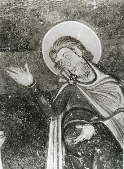 Detalhe de St. Savin, de um afresco retratando St. Savin e St. Cyprien sendo entregue das feras, c.1100 (fresco) (foto a p/b) de French School