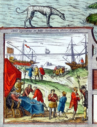 Detalhe de uma vista do porto de Cádiz mostrando o comércio com as Índias Ocidentais de French School