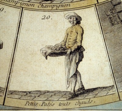 Detalhe do jogo do Ganso do Cree de Paris: comerciante de massas quentes. Gravura do século XVIII. Coll. Partida. de French School