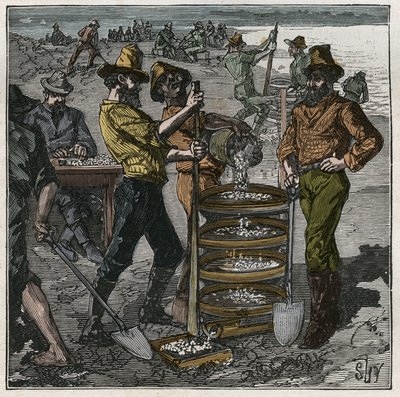 Lavagem de diamantes na África do Sul, no século XIX. Gravura a partir de 1885 em "Les arts et metiers illustres" de Adolphe BITARD. de French School