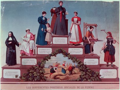 Posições sociais diferentes das mulheres, final do século XIX (gravura a cores) de French School