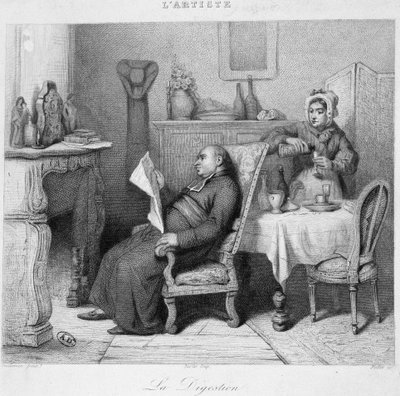 Digestão: padre lendo seu diário na frente da chaminé enquanto sua empregada lhe serve um digestivo - gravura de French School