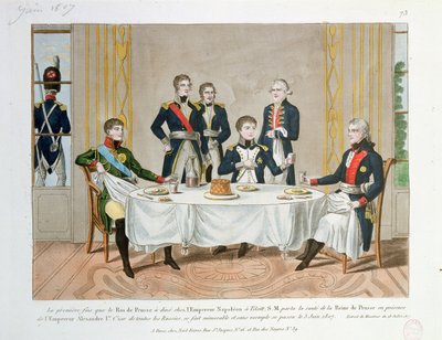 Jantar em Tilsit entre Frederico Guilherme III da Prússia, Czar Alexandre I da Rússia e Napoleão, que faz um brinde à rainha da Prússia, 3 de junho de 1807 de French School