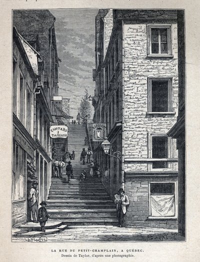 Descubra o Canadá: Rue du Peute Champlain (Petity-Champlain) em Quebec. Desenho por Taylor a partir de uma fotografia. Gravura do final do século XIX em "La nouvelle France" de Eugene Guenin. de French School