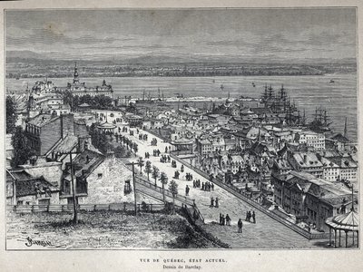 Descubra o Canadá: vista da cidade do Quebec no final do século XIX. Desenho em Barclay. Gravura do final do século XIX em "La nouvelle France" de Eugene Guenin. de French School