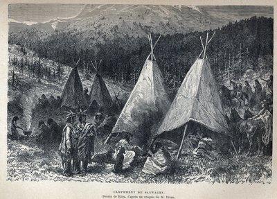 Descobrimos o Canadá: Acampamento dos índios americanos com teepees. Desenho de Riou a partir de um esboço de Dixon. Gravura do final do século XIX em "La nouvelle France" de Eugene Guenin. de French School