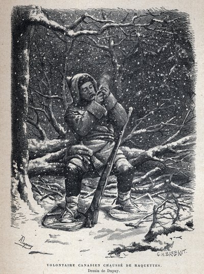 Descobrimos o Canadá: Sapatos de raquetes de neve voluntários do exército canadiano. Desenho de Dupuy. Gravura do final do século XIX em "La nouvelle France" de Eugene Guenin. de French School