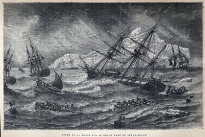 Descobrimos o Canadá: Pesca do bacalhau no Grand Bank of Newfoundland, Newfoundland. Gravura do final do século XIX em "La nouvelle France", de Eugene Guenin. de French School