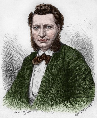 Descobrimos o Canadá: Retrato de Louis Riel (1844-1885), político canadense e defensor do povo Metis. Gravura do final do século XIX em "La nouvelle France", de Eugene Guenin. de French School