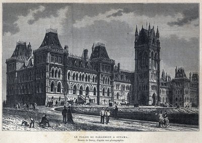 Descobrimos o Canadá: O Palácio do Parlamento em Ottawa. Desenho de Deroy a partir de uma fotografia. Gravura do final do século XIX em "La nouvelle France" de Eugene Guenin. de French School