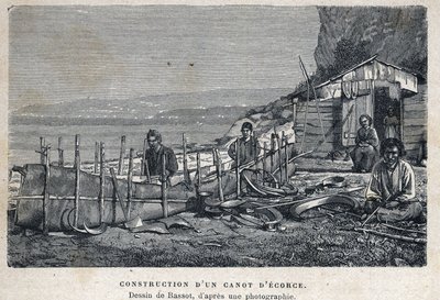 Descoberto o Canadá: construção de uma canoa de casca de árvore. Desenho de Bassot depois da fotografia. Gravura do final do século XIX em "La nouvelle France" de Eugene Guenin. de French School