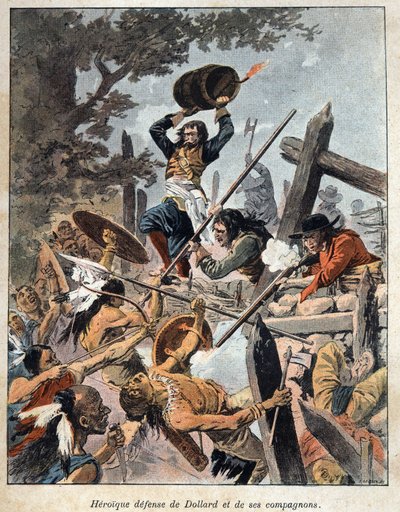 Descobriu o Canadá: defesa de Adam Dollard des Ormeaux (1635-1660) e seus companheiros contra os índios da América Iroquois para proteger seu acampamento em 1657. Gravura do final do século XIX em "La nouvelle France" de Eugene Guenin. de French School