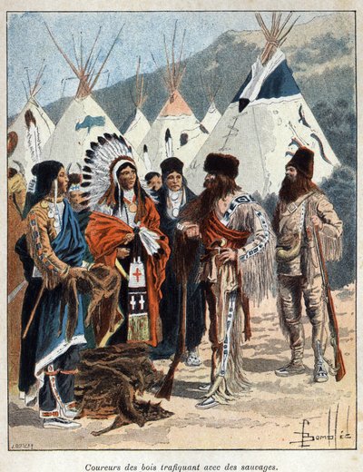 Descobriu o Canadá: os coureurs de bois, envolvidos no comércio de peles com os índios da América, comercializando peles de animais no século XVII. Gravura do final do século XIX em "La nouvelle France", de Eugene Guenin. de French School