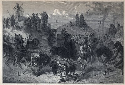 Descoberto o Canadá: a dança do bisonte no Mondanes. Gravura do final do século XIX em "La nouvelle France" de Eugene Guenin. de French School