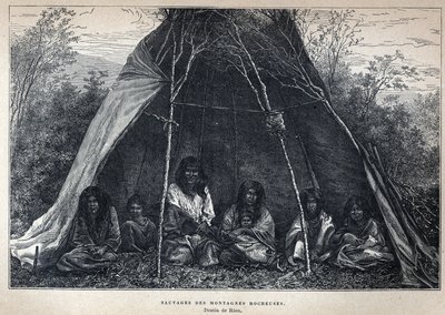 Descoberto do Canadá: Índios americanos que vivem nas Montanhas Rochosas. Gravura do final do século XIX em "La nouvelle France", de Eugene Guenin. de French School