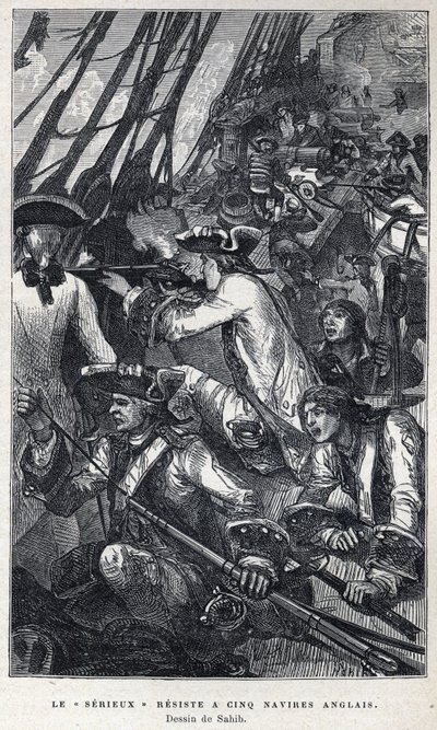Descoberto do Canadá: Jacques Pierre de Taffanel de la Jonquiere (1685-1752) Oficial naval francês à frente do navio francês "Le serieux" resistiu a cinco navios ingleses. Desenho por Sahib. Gravura do final do século XIX em "La nouvelle Fra de French School