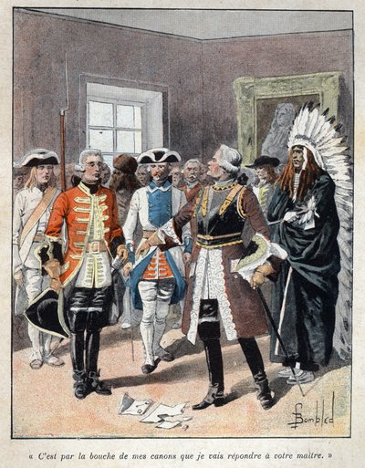 Descoberto do Canadá: Louis de Buade, Conde de Frontenac (1622-1698) recebendo o emissário do governador inglês da colônia de Massachusetts (1651-1695) William Phips e respondendo-lhe "É pela boca das minhas armas que eu responderei ao seu mestre". de French School