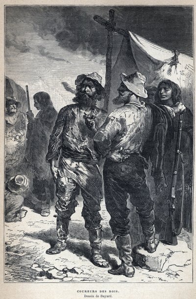 Descoberto do Canadá: coureur des bois (envolvido no comércio de peles com os ameríndios). Desenho Bayard. Gravura do final do século XIX em "La nouvelle France" de Eugene Guenin. de French School