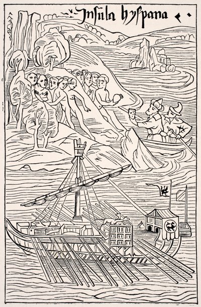 Descoberta de Santo Domingo, Insula Hyspana, de Cristóvão Colombo, fac-símile de uma gravura em madeira da Epistola Christoferi Colom, de Science and Literature in The Middle Ages, de Paul Lacroix pub. Londres, 1878 de French School
