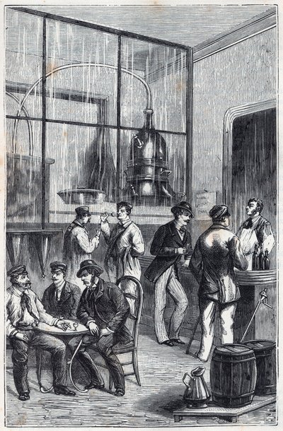 Loja de destilação em Paris no século XIX - Gravura em "Sciences made available to all - physics and chemistry" de Alexis Clerc - Fim do século XIX - Colecção privada de French School