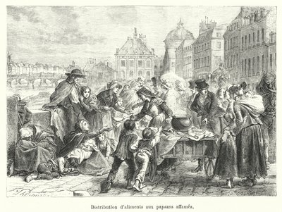 Distribuição de alimentos a agricultores famintos (gravura) de French School