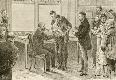 O Doutor Pasteur examina rapaz infectado com raiva. Século XIX (gravura) de French School