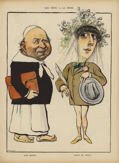 Dom Michel e a bailarina francesa e cortesã Liane de Pougy. Ilustração para Le Rire (cor litho) de French School