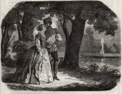 Don Juan discutiu com Ana da Áustria (1549-1580) sua possível união com o príncipe Don Carlos (1545-1568), filho do rei Felipe II da Espanha (1527-1598). Gravura de 1871 em "Histoire Des Cocus Celebres" de Henry de Kock (1819-1892). de French School