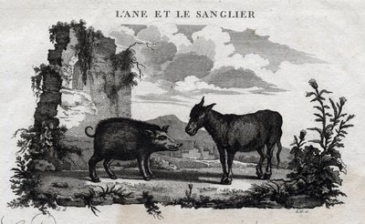 Burro e javali. Fábula de Esope. (escritor grego Esopo ou Ecopus, século VI a.C.) Escrito por Guillaume Montfort e Gravees por Beauble em 1801. de French School