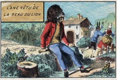 Burro a usar a pele do Leão. Fábulas de Jean de La Fontaine (1621-95), imagens da Epinal do final do século XIX. de French School