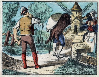Burro a usar a pele do Leão. Fábulas de Jean de La Fontaine (1621-95), imagens da Epinal do final do século XIX. de French School