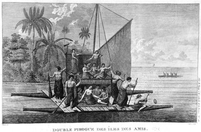 Piroga dupla das Ilhas Amigas, ilustração do Atlas da Viagem em busca de La Perouse, 1792 de French School