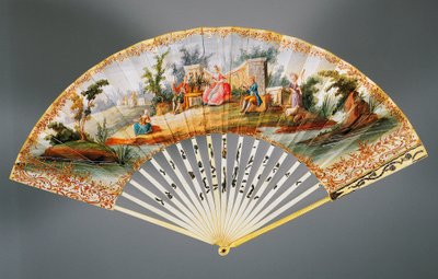 Ventilador de duas folhas pintado à mão com cena pastoral, marfim e costelas de prata de French School