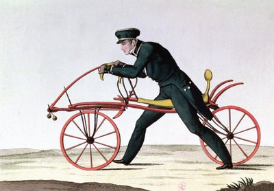 Draisienne, antepassado da bicicleta, inventou 1816 pelo Barão Karl von Drais (1785-1851), 1820 (gravura a cores) de French School