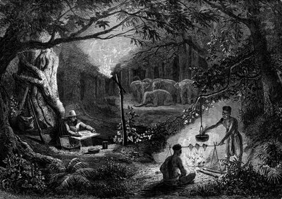 Desenho: um viajante desenhando uma cena de moral tem o brilho de uma tocha. Gravura em "Le Journal de la jeunesse". de French School