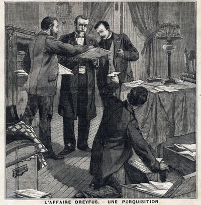 O caso Dreyfus: Três agentes à paisana e um comissário de polícia fazem uma busca na casa de Georges Picquart (1854-1914). Em "Le Peute Parisien" em 5/12/1897. Coleção Particular de French School