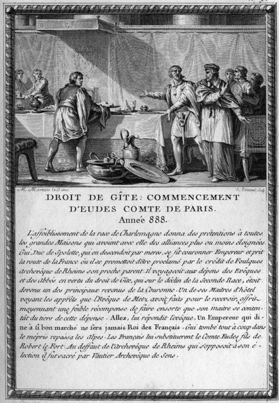 Droit de Gite, Início de Eudes, Conde de Paris, ano 888. O Rei Guy (Gui) III, Duque de Spolete (falecido em 894) foi heberger pela Eveque de Metz sob o direito de uma cabana (direito feodal dando a um senhor o direito de ser heberger pelo seu povo quando s de French School
