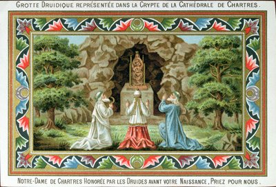 Druidas rezando em uma estátua da Madonna and Child no local da gruta em Chartres, 1887 de French School