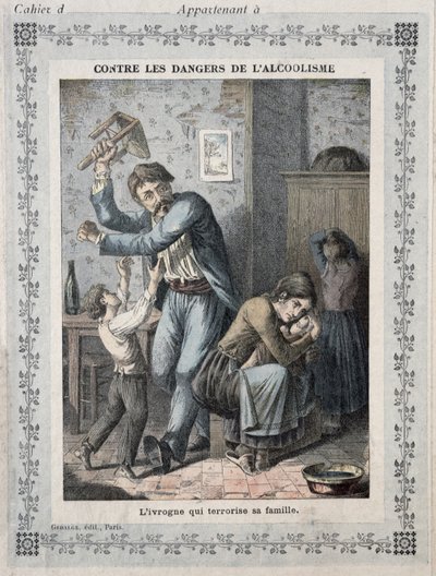 Bêbado aterrorizando sua família, capa de um caderno escolar. c.1900 de French School