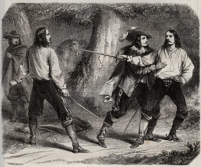 O duelo tem a espada entre o Visconde de Cahuzac e o Marquês de Gesvres, cuja rainha da França Ana da Áustria está apaixonada, no bosque de Vincennes. Século XVII. Gravura de 1871 em "Histoire Des Cocuses Celebres" de Henry de Kock (1819-1892). de French School