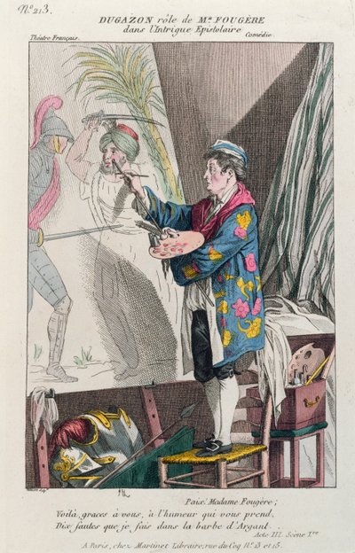 Dugazon no papel do pintor Fougère, em Intrigue Epistolaire, produzido em Paris no Théâtre Français, 1799 (gravura a cores) de French School