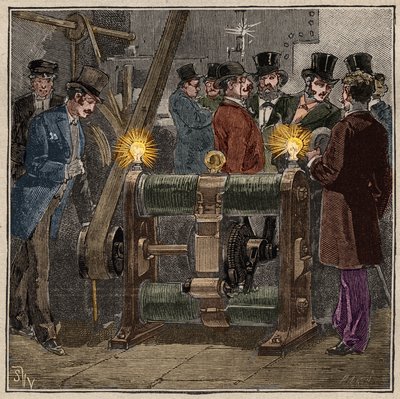 Máquina elétrica Dynamo do tipo Gram (Zenobe Theophile Gram) produzindo corrente contínua, experiência elétrica na sala de máquinas do Conservatoire des arts et metiers de Paris (cerca de 1881). Gravura de 1885 em "Les arts et metiers illustres" de Ad de French School
